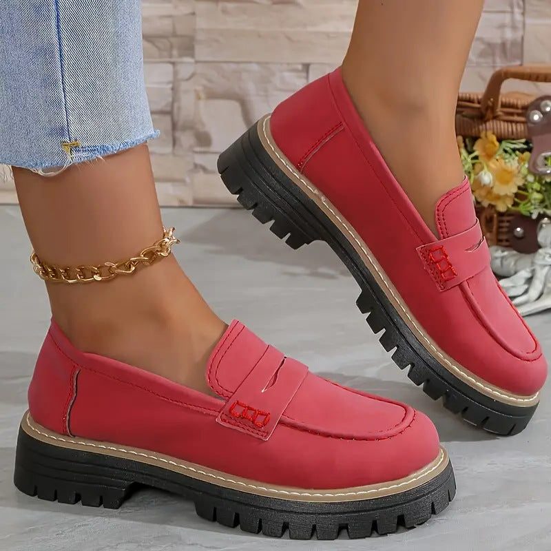 Chunky Loafers with Lug Sole for Women - Red