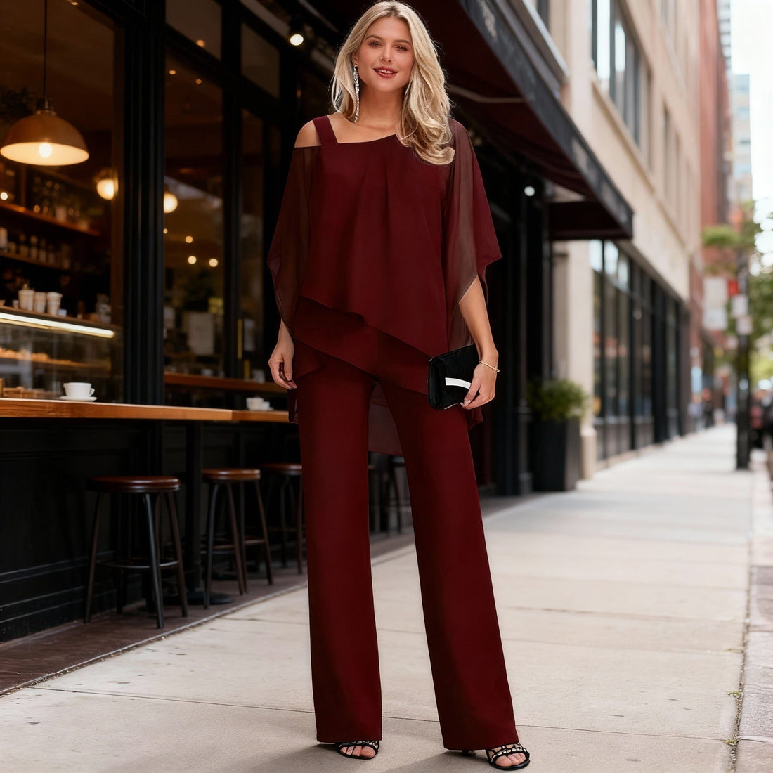 Cold Shoulder Chiffon Two-Piece Set for Women