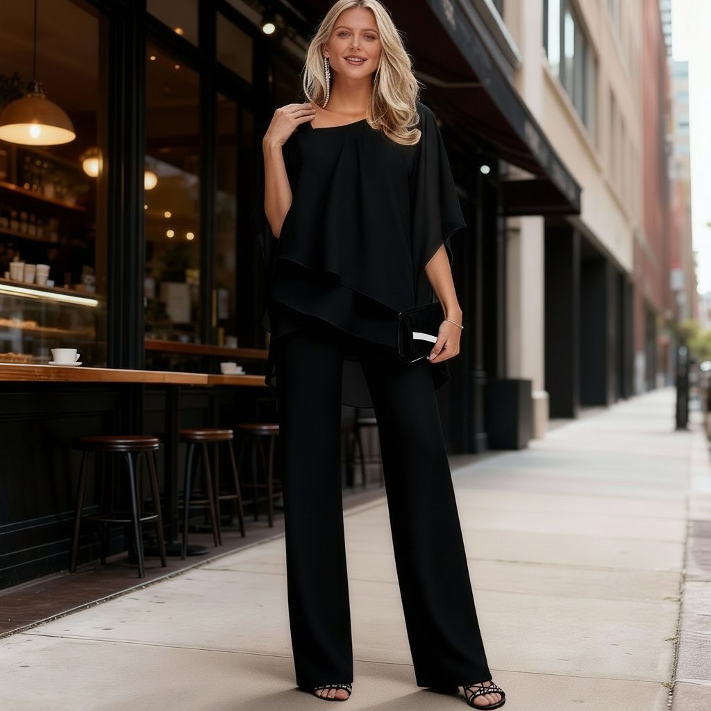 Cold Shoulder Chiffon Two-Piece Set for Women - Black
