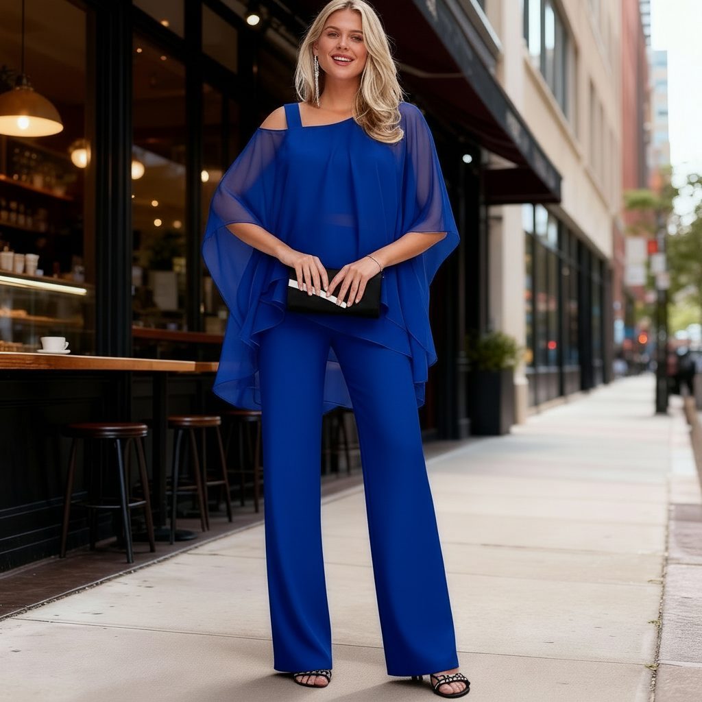 Cold Shoulder Chiffon Two-Piece Set for Women - Blue