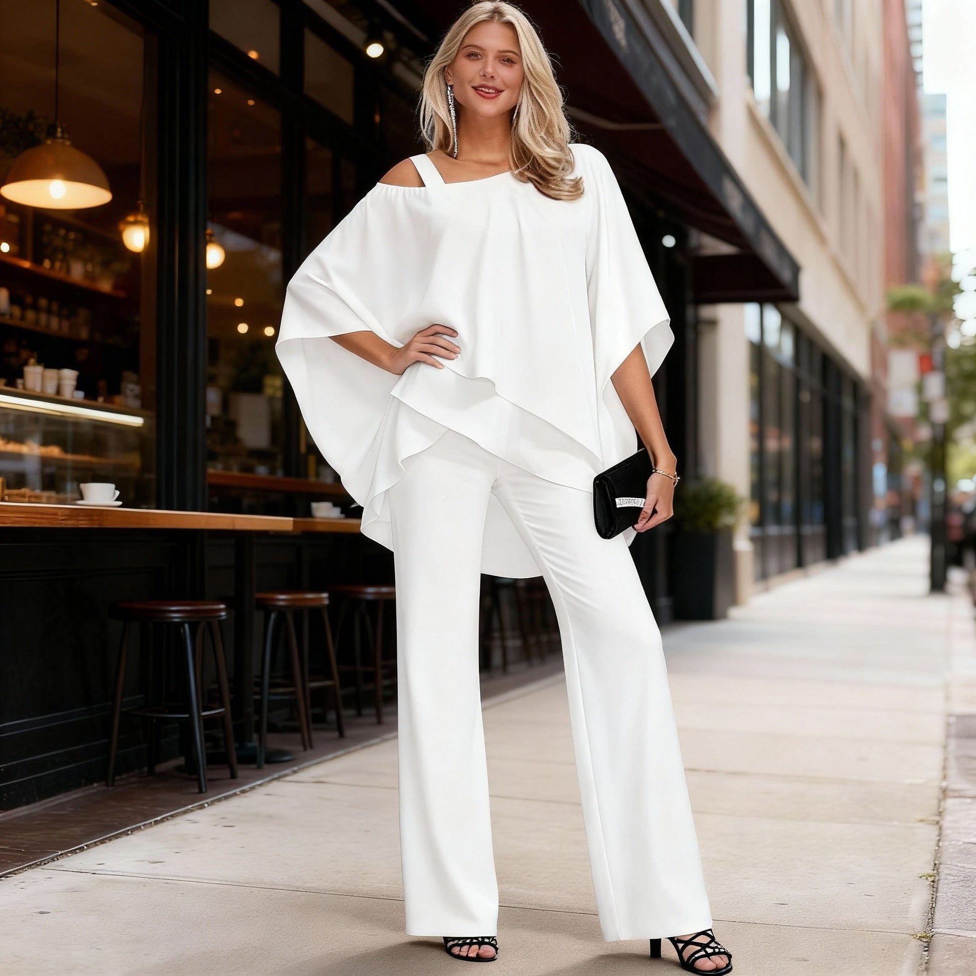 Cold Shoulder Chiffon Two-Piece Set for Women - White