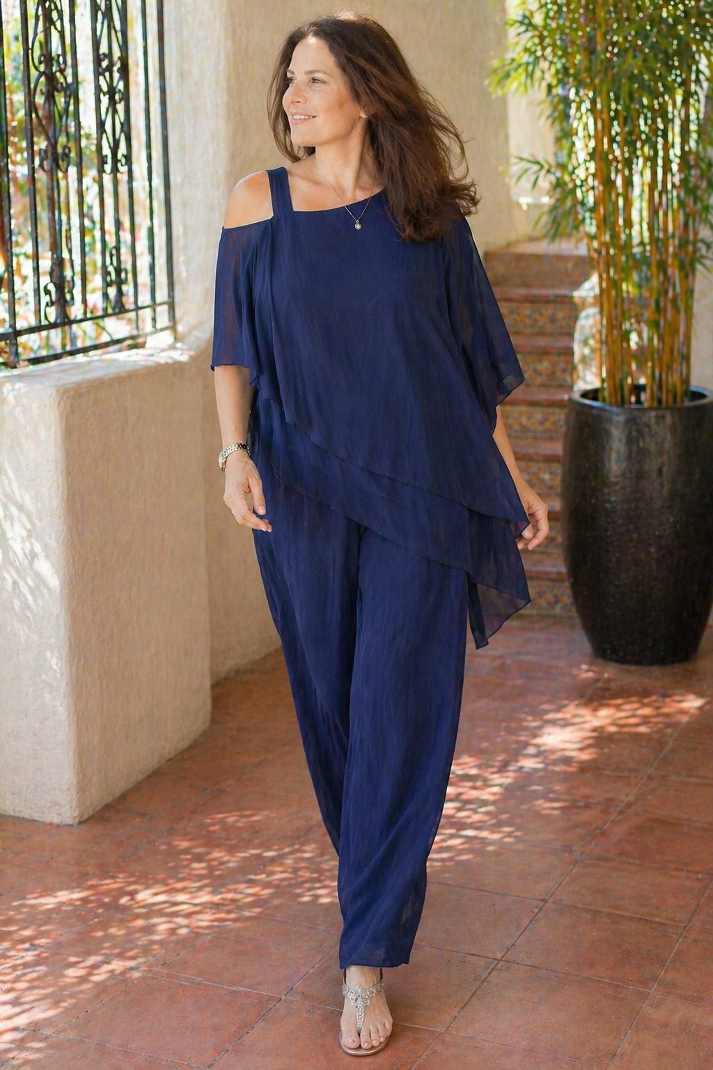 Cold Shoulder Layered Chiffon Set for Women