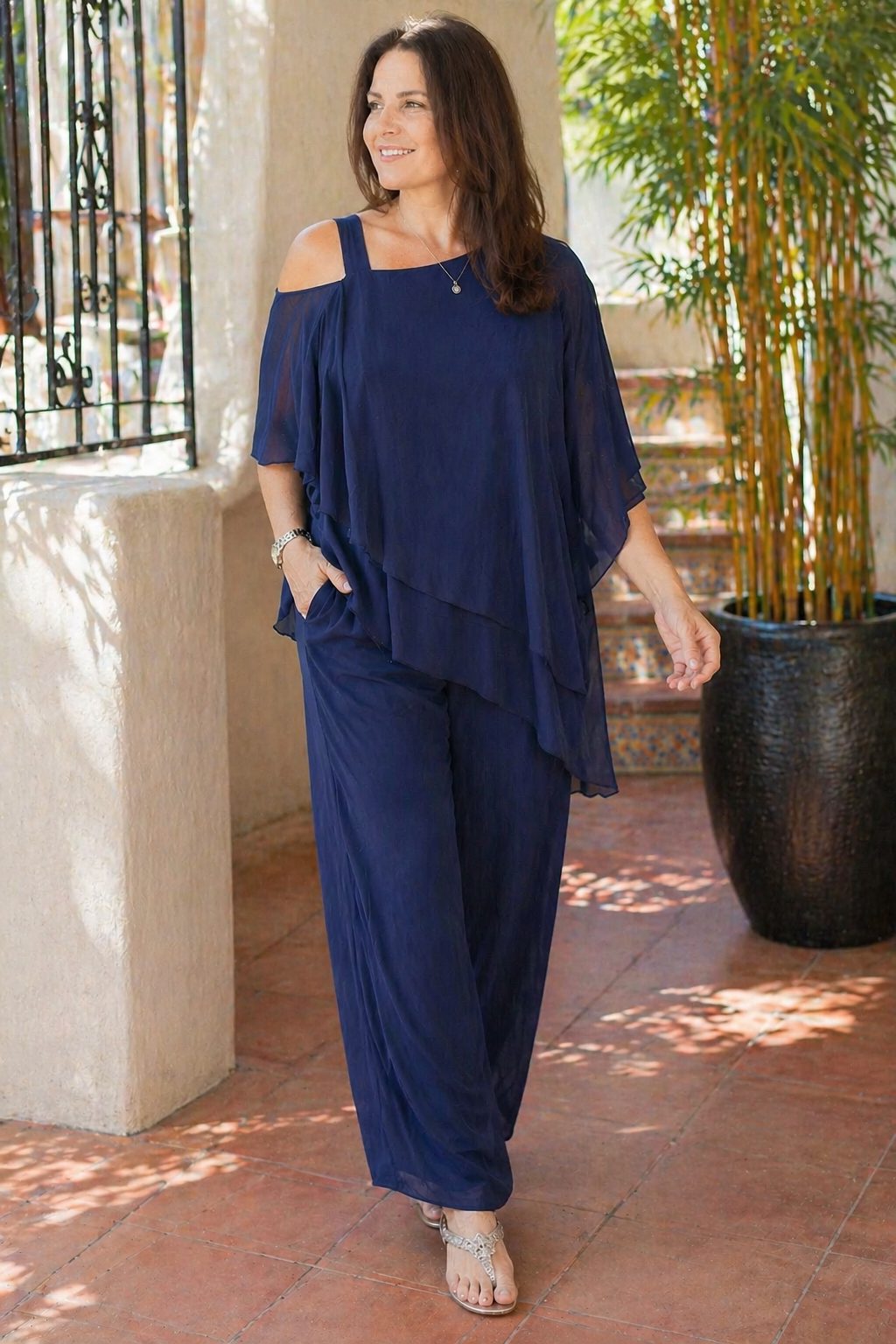Cold Shoulder Layered Chiffon Set for Women - View 4