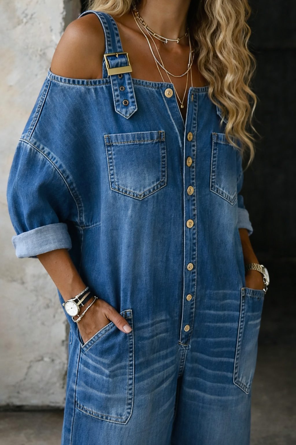Cold Shoulder Wide Leg Denim Jumpsuit for Women - View 2
