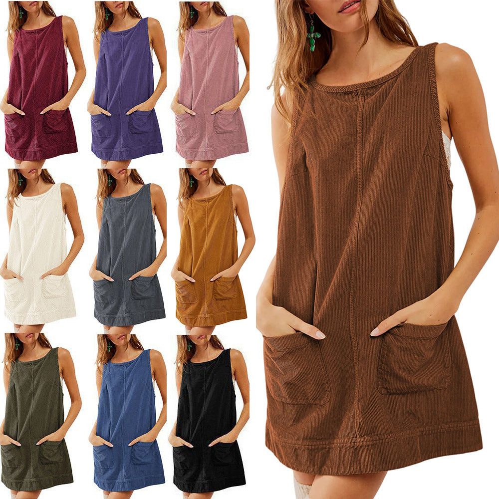 Corduroy Sleeveless Shift Dress with Pockets for Women