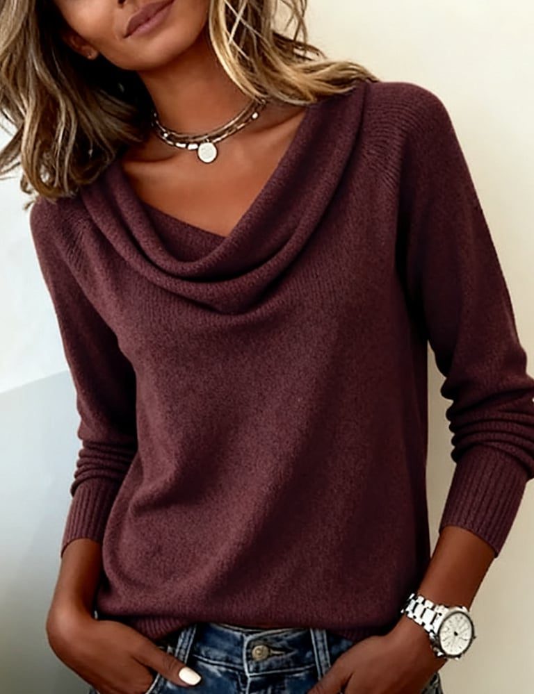 Cowl Neck Knit Sweater with Long Sleeves for Women - Dark Purple
