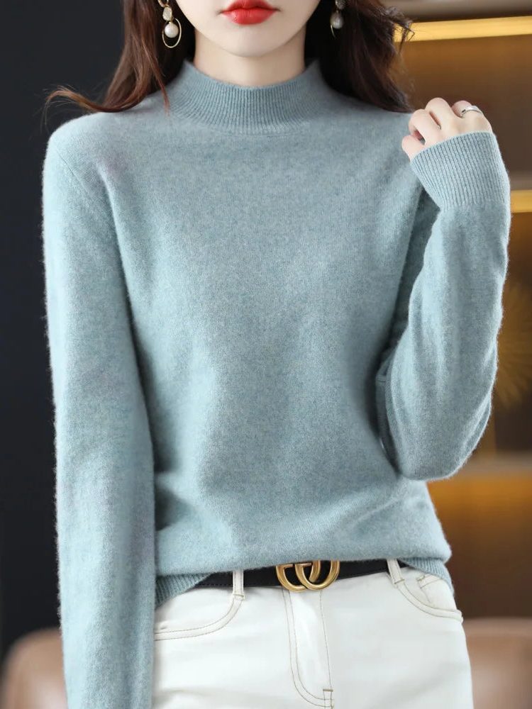 Crew Neck Wool Knit Sweater for Women - Green Jacquard