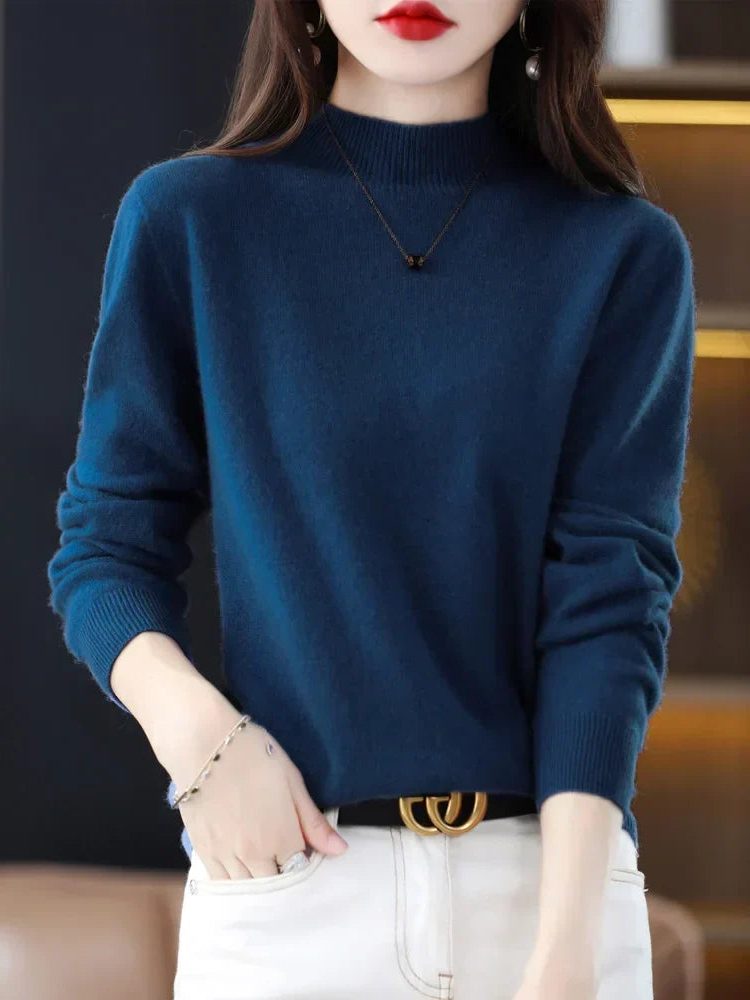 Crew Neck Wool Knit Sweater for Women - Algae Blue