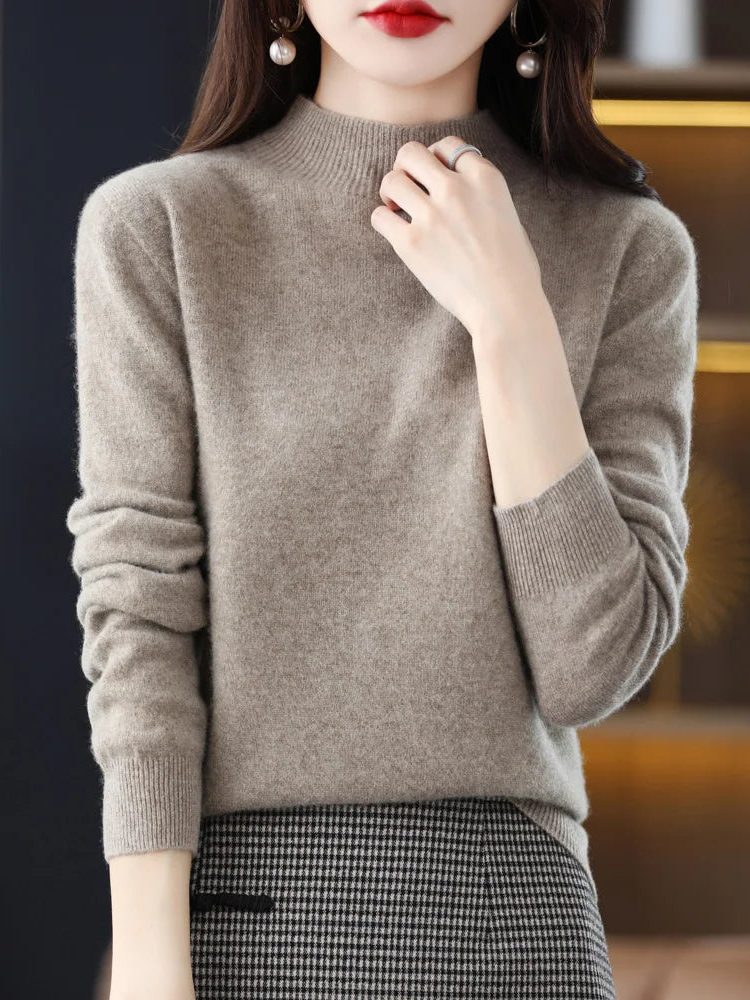 Crew Neck Wool Knit Sweater for Women - Camel