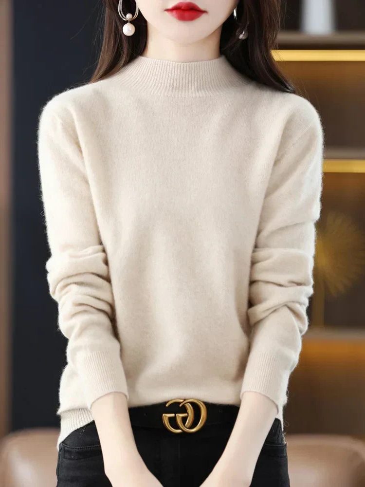 Crew Neck Wool Knit Sweater for Women - Beige