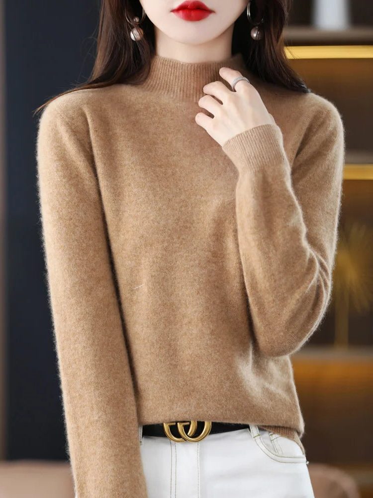 Crew Neck Wool Knit Sweater for Women - Golden Camel