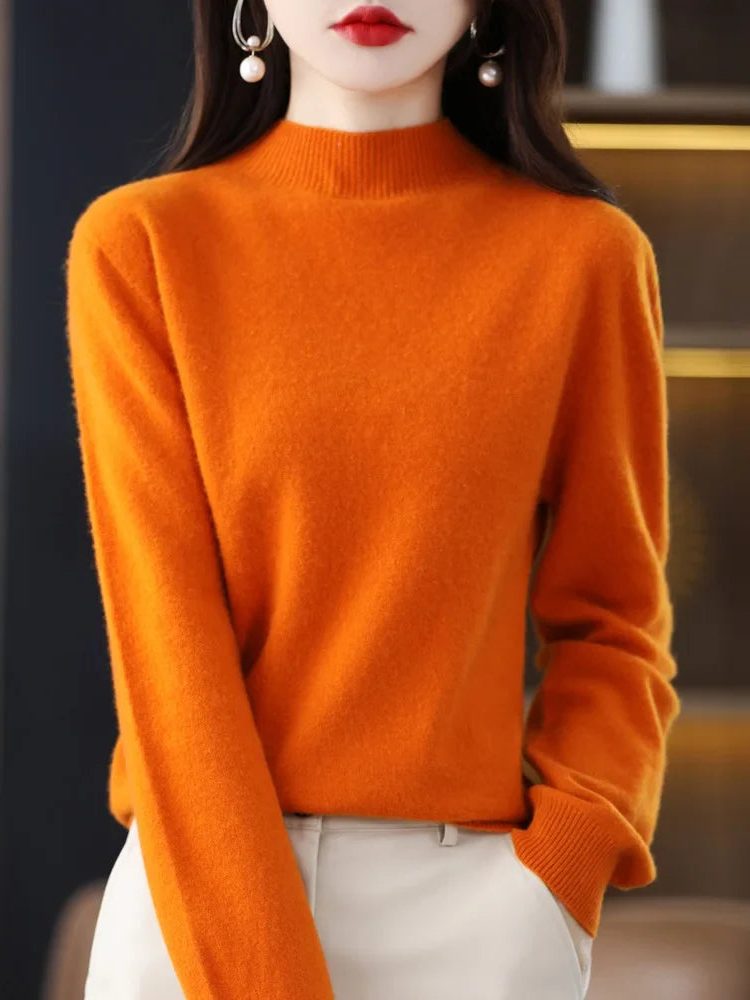 Crew Neck Wool Knit Sweater for Women - Orange