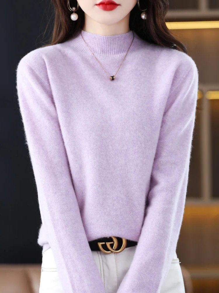 Crew Neck Wool Knit Sweater for Women - Purple Jacquard