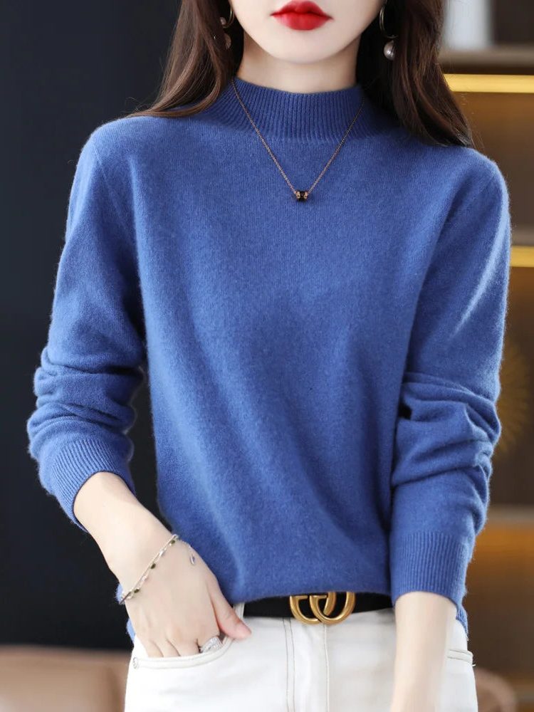 Crew Neck Wool Knit Sweater for Women - Blue