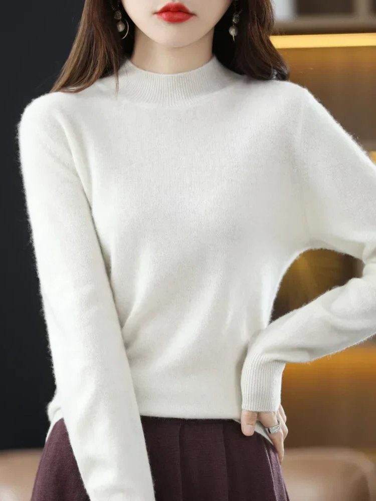 Crew Neck Wool Knit Sweater for Women - White