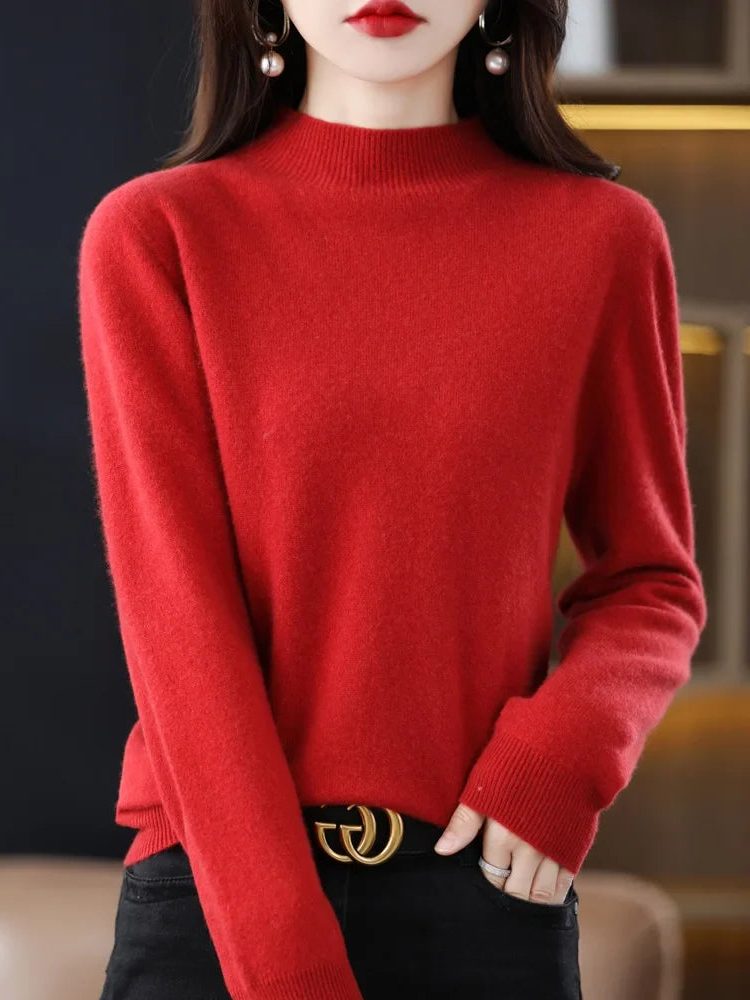 Crew Neck Wool Knit Sweater for Women - Red