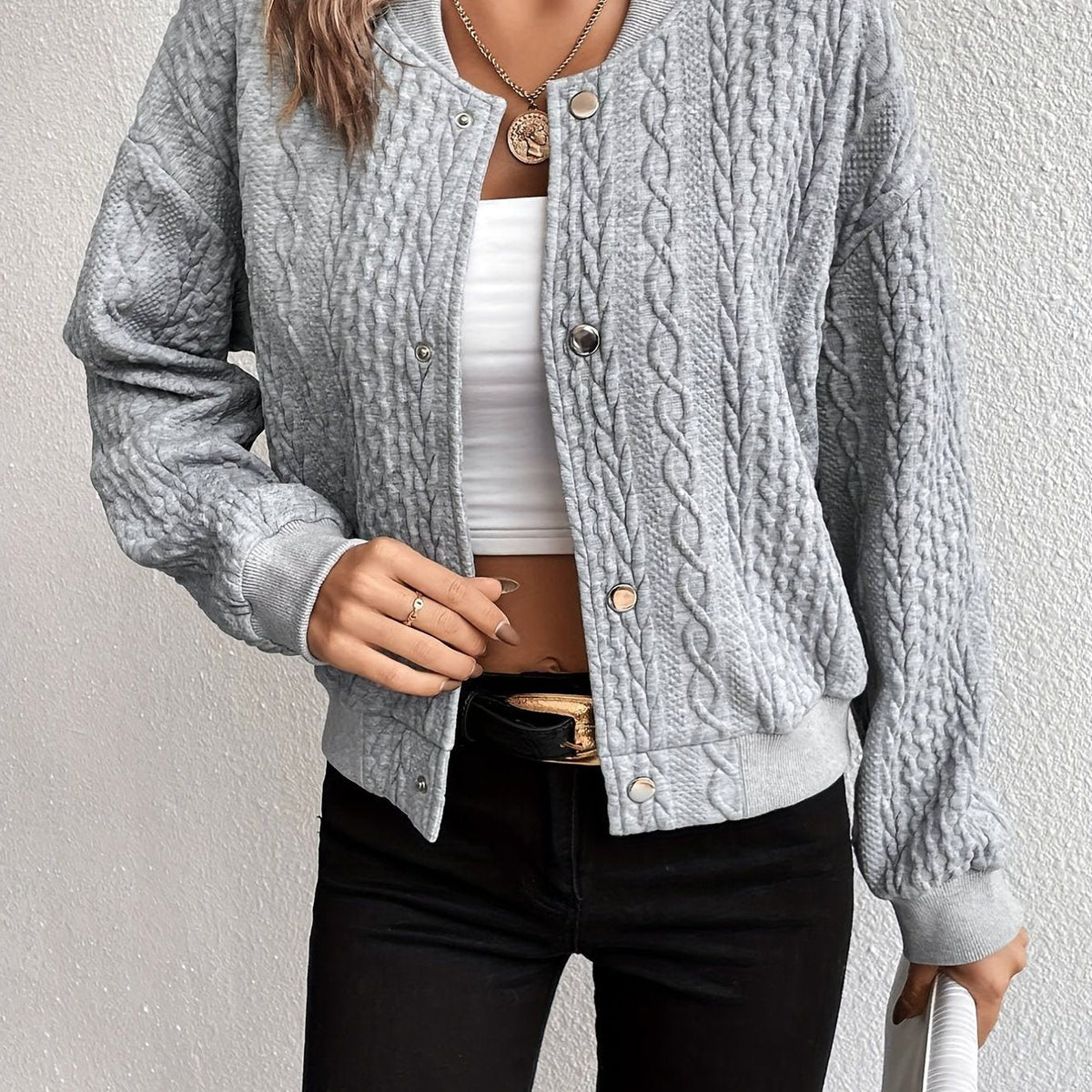 Cropped Cable Knit Bomber Jacket for Women - Light Grey
