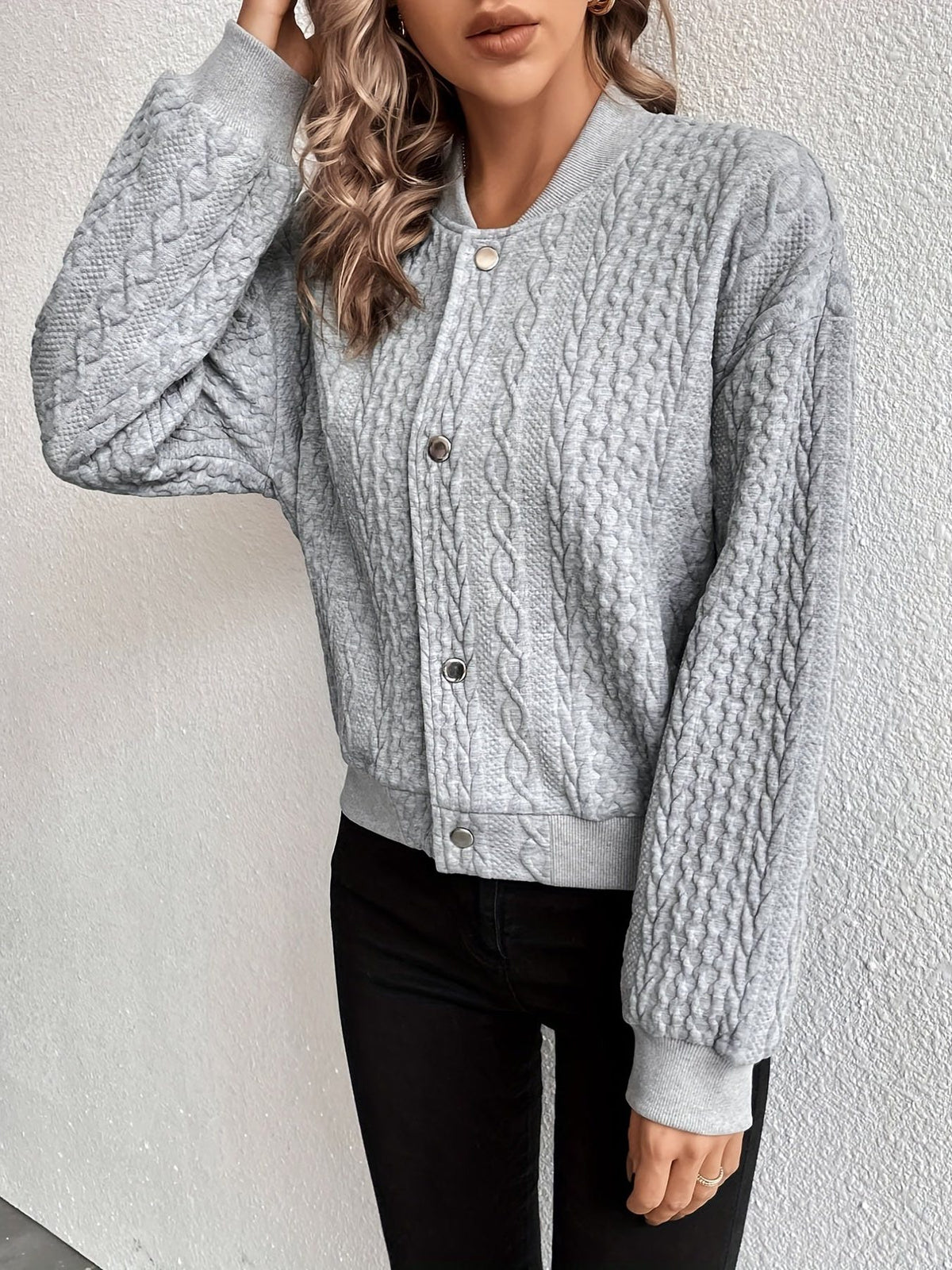 Cropped Cable Knit Bomber Jacket for Women - View 4