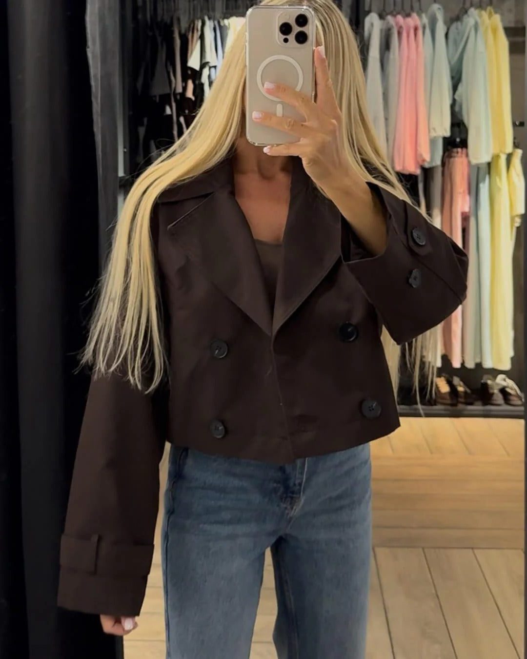 Cropped Double-Breasted Trench Coat for Women - View 9