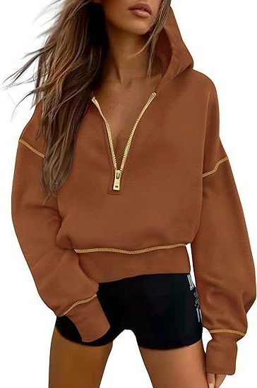 Cropped Half-Zip Sweatshirt for Women - Dark Brown