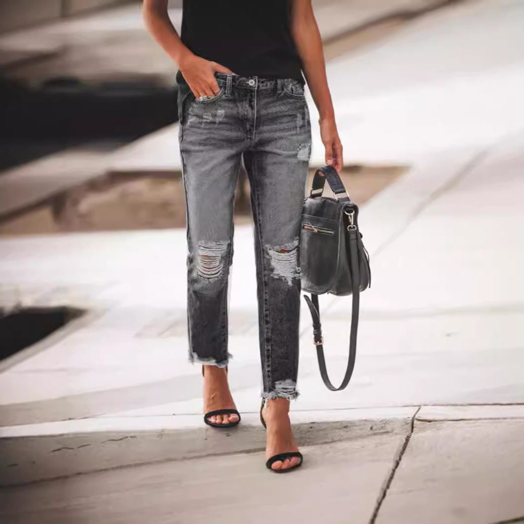 Cropped Straight Leg Ripped Jeans for Women