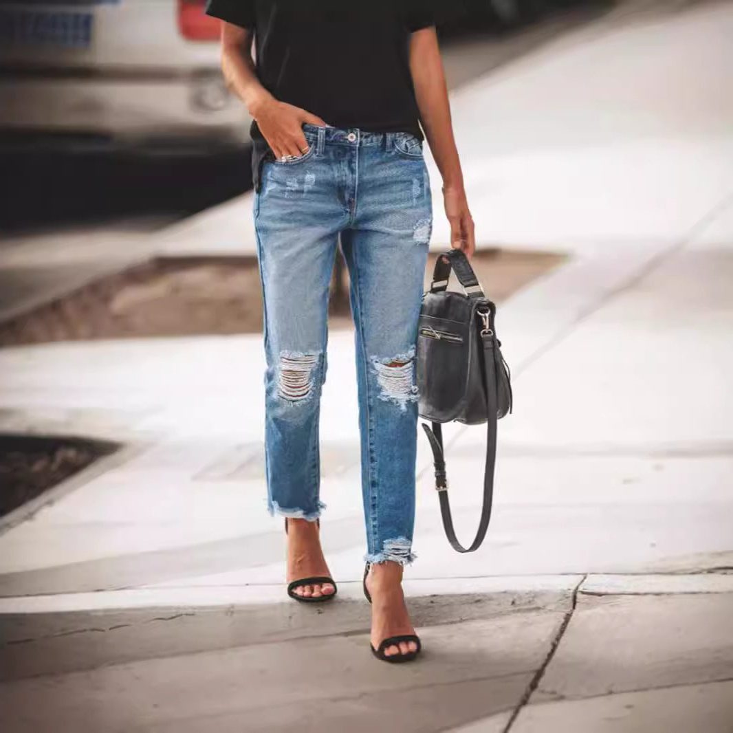 Cropped Straight Leg Ripped Jeans for Women