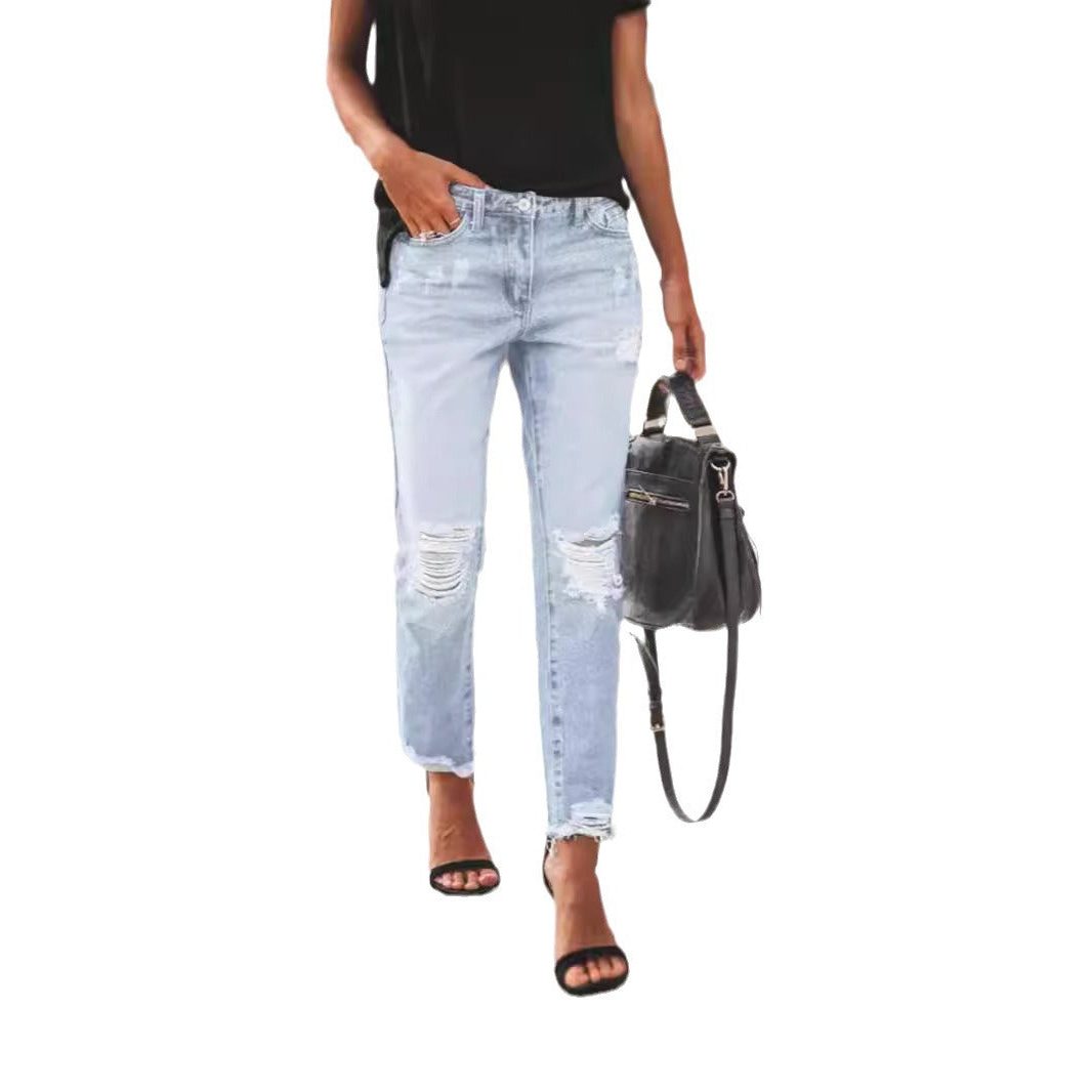 Cropped Straight Leg Ripped Jeans for Women