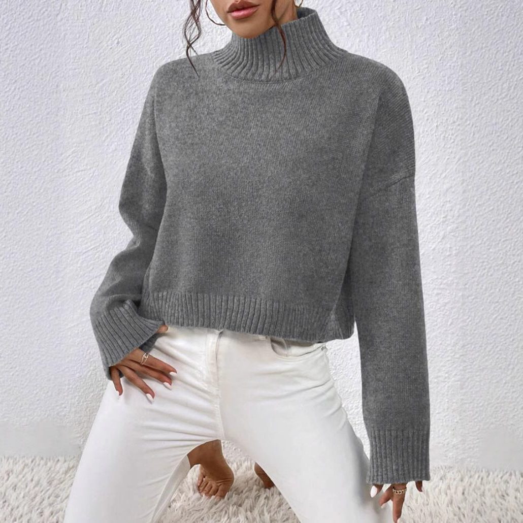 Cropped Wool Sweater with Roll Neck for Women