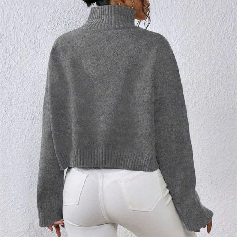 Cropped Wool Sweater with Roll Neck for Women