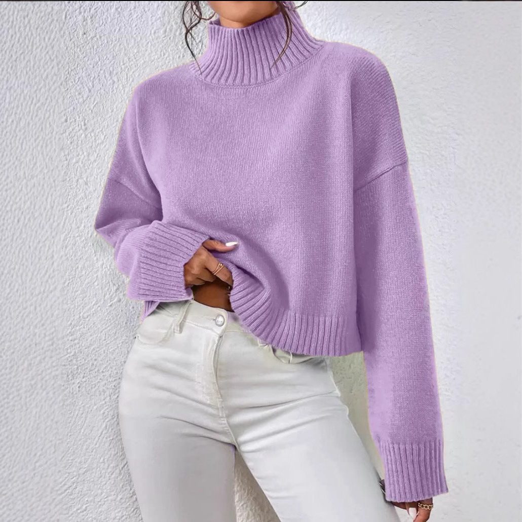 Cropped Wool Sweater with Roll Neck for Women