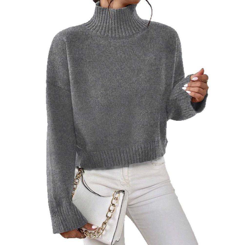 Cropped Wool Sweater with Roll Neck for Women