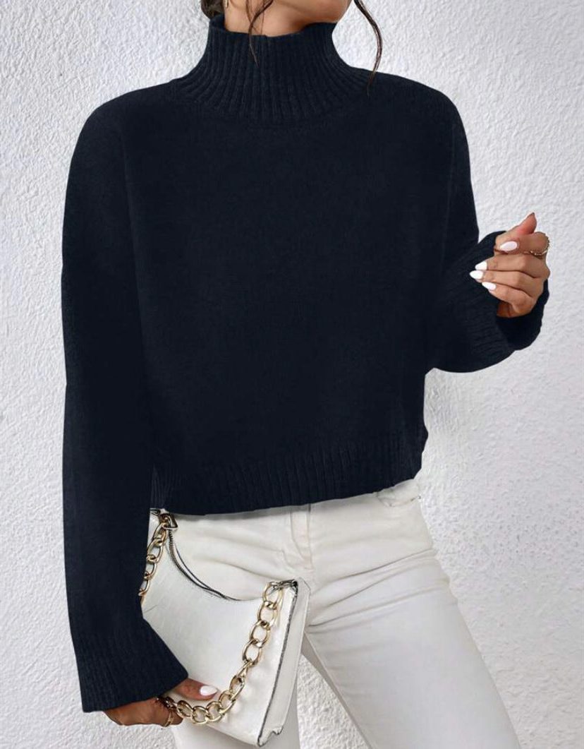 Cropped Wool Sweater with Roll Neck for Women
