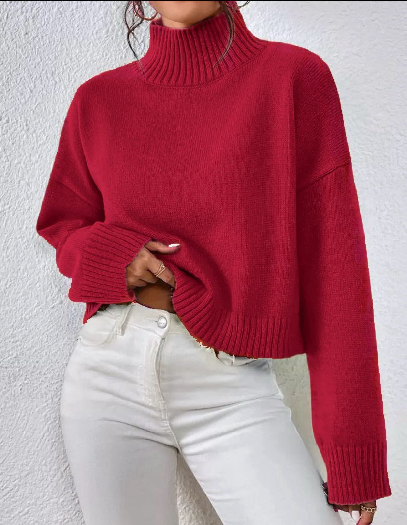 Cropped Wool Sweater with Roll Neck for Women