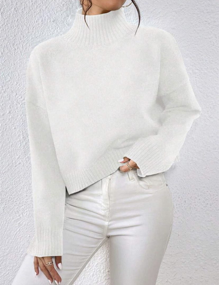 Cropped Wool Sweater with Roll Neck for Women