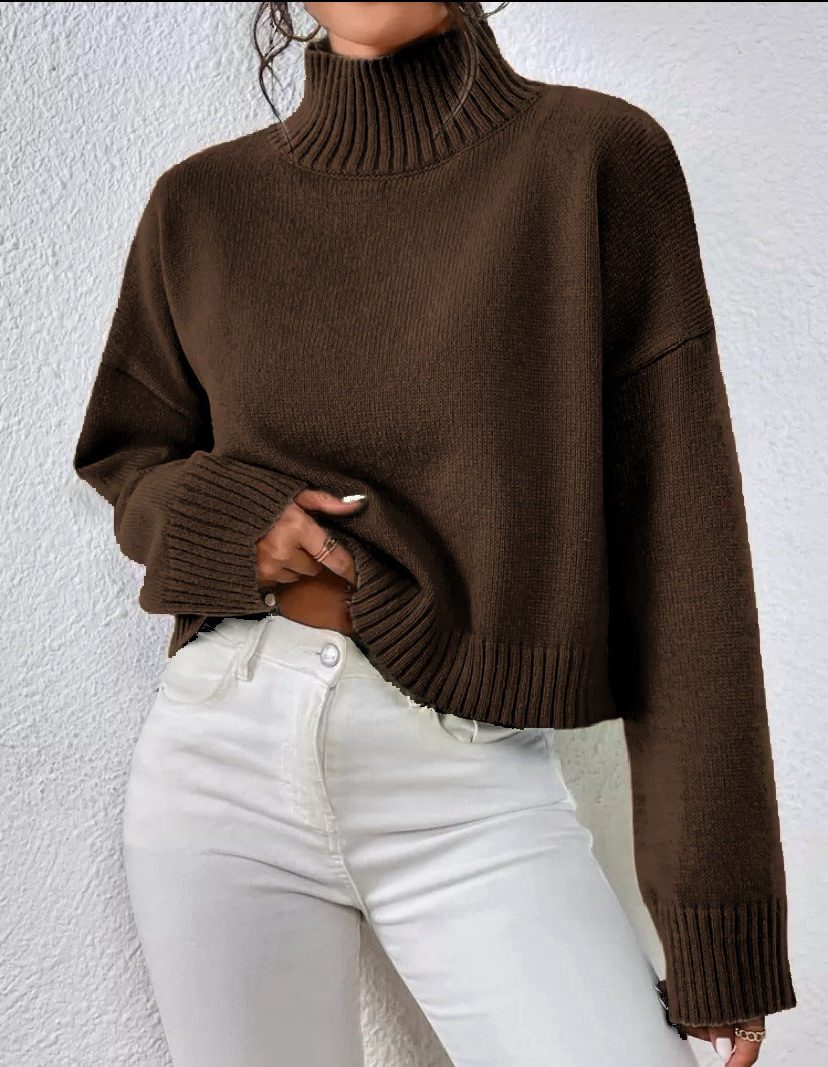 Cropped Wool Sweater with Roll Neck for Women