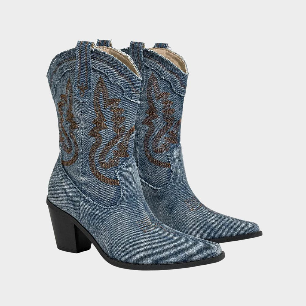 Denim Cowboy Boots with Pointed Toe for Women - Navy Blue