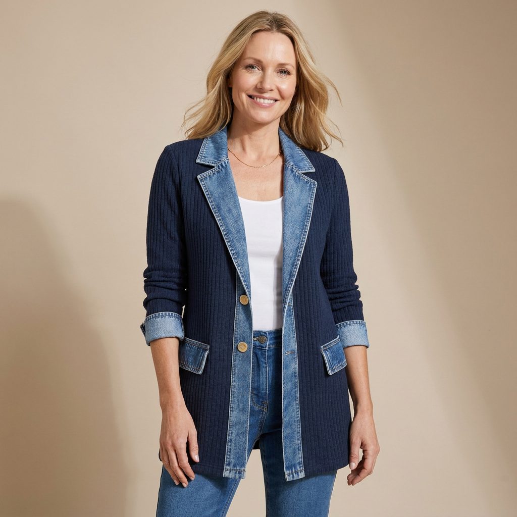 Denim Jacket with Contrast Lapel Collar for Women
