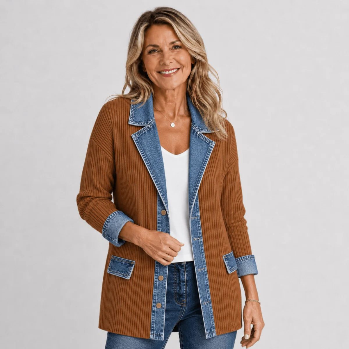 Denim Jacket with Contrast Lapel Collar for Women - Brown