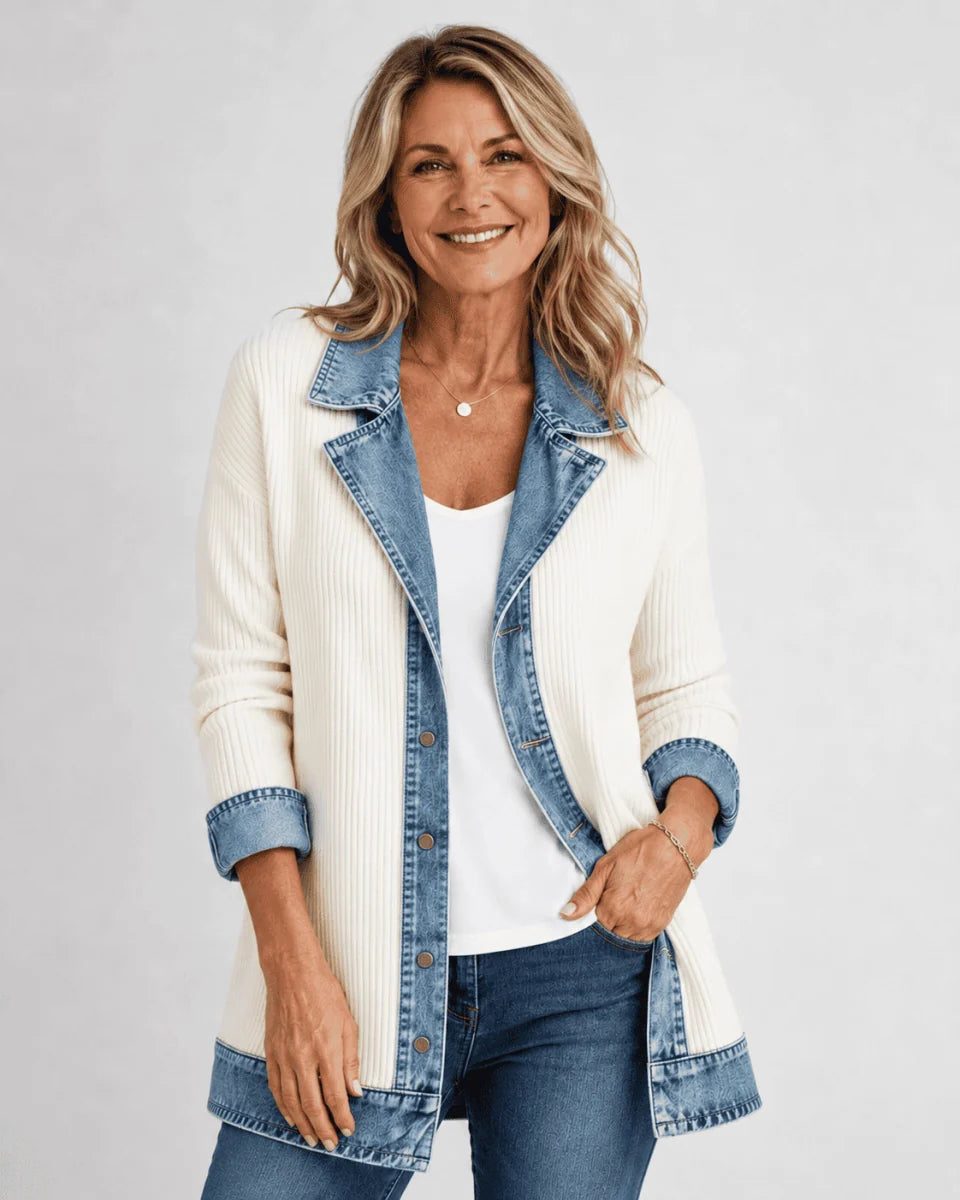 Denim Jacket with Contrast Lapel Collar for Women - White