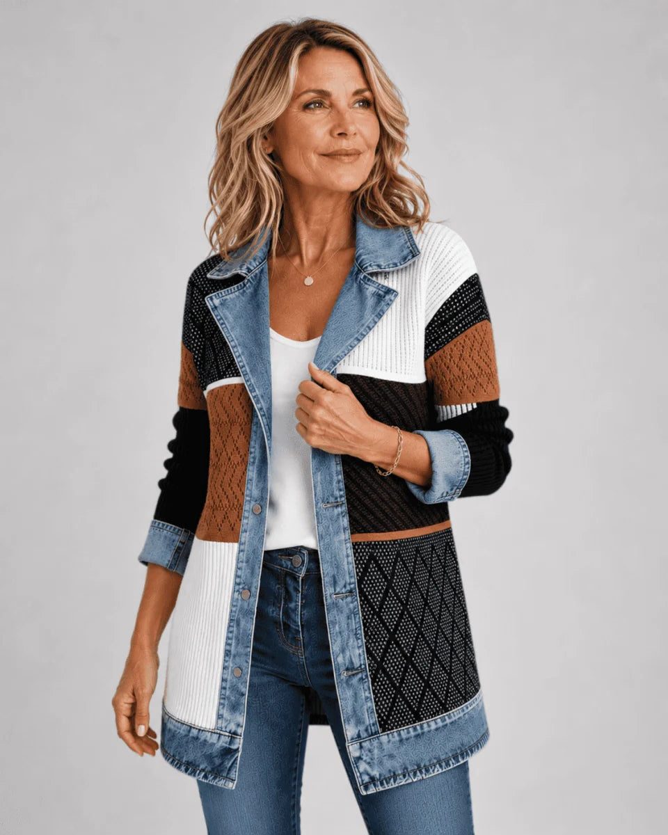 Denim Jacket with Contrast Lapel Collar for Women - Multicolour