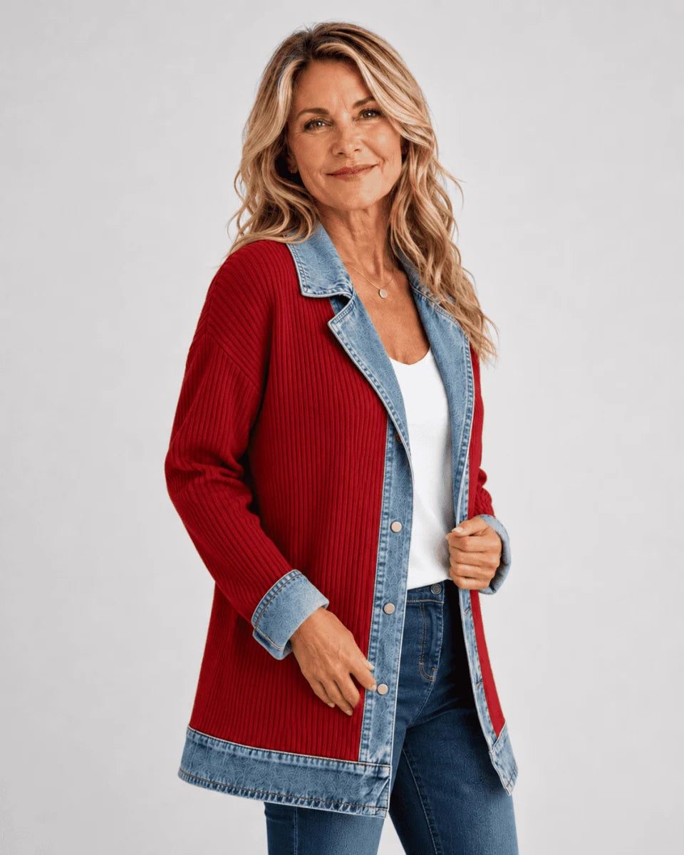 Denim Jacket with Contrast Lapel Collar for Women - Red
