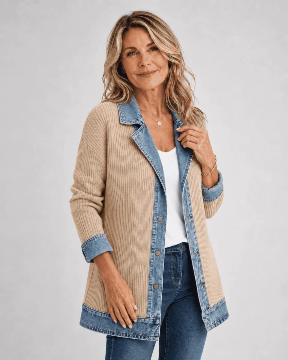 Denim Jacket with Contrast Lapel Collar for Women - Khaki