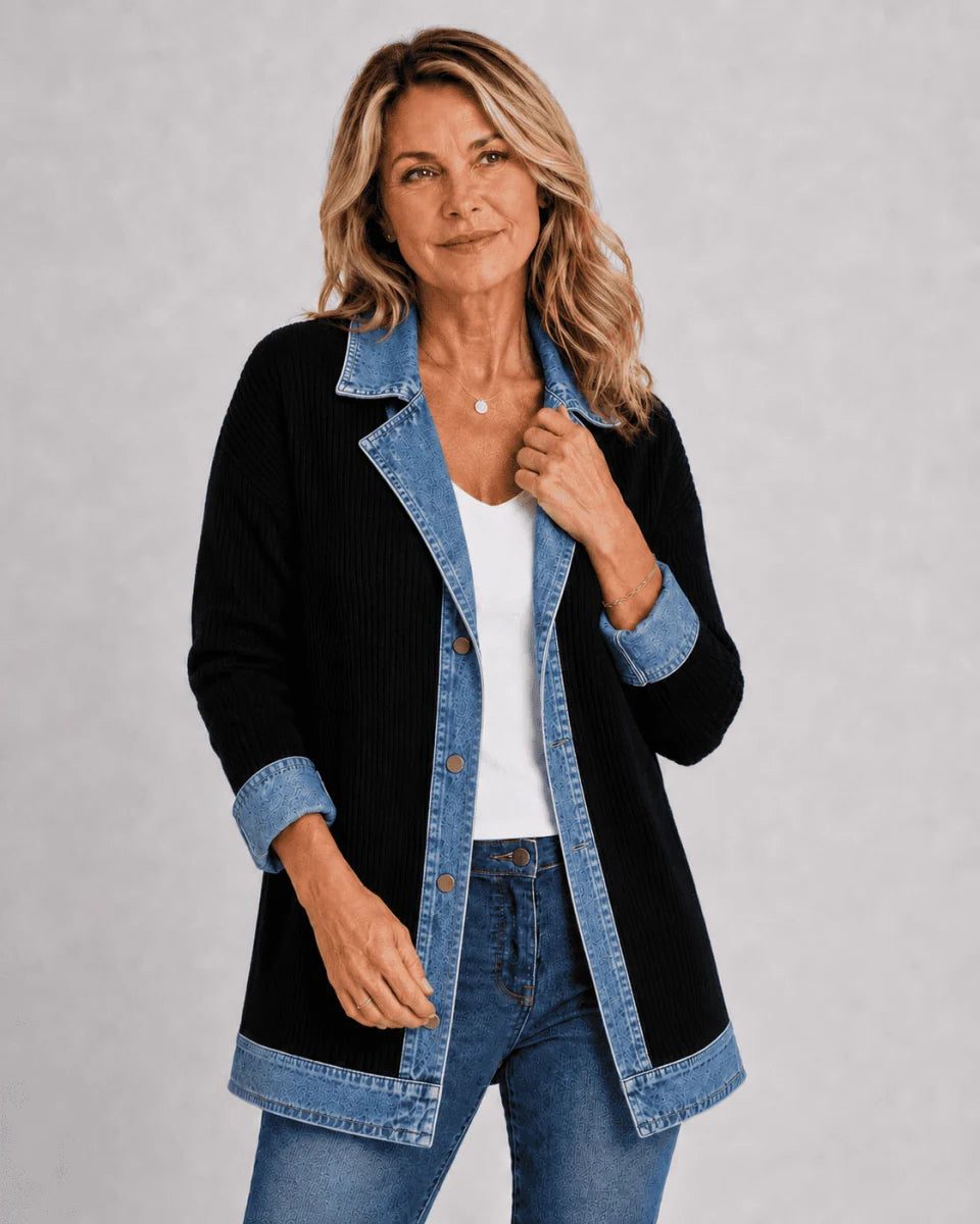 Denim Jacket with Contrast Lapel Collar for Women - Black