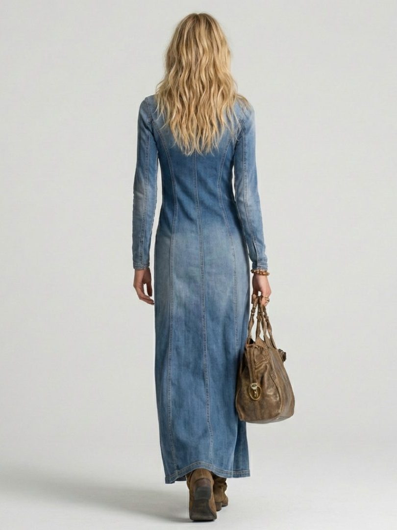 Denim Long Sleeve Maxi Dress with Button-Front V-Neck for Women - View 3