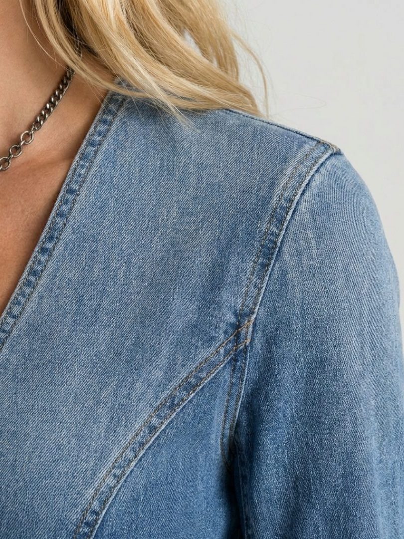 Denim Long Sleeve Maxi Dress with Button-Front V-Neck for Women - View 4