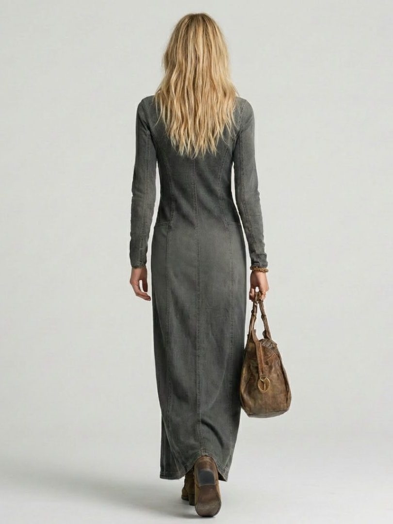 Denim Long Sleeve Maxi Dress with Button-Front V-Neck for Women - View 7