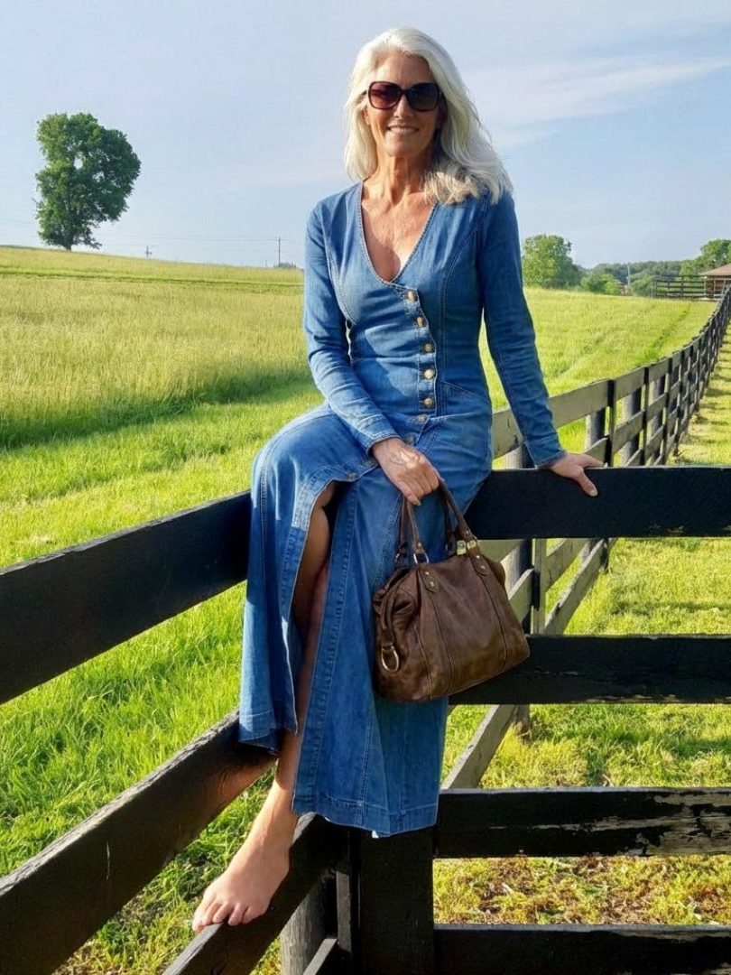 Denim Long Sleeve Maxi Dress with Button-Front V-Neck for Women - View 9