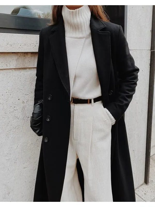 Double-Breasted Long Wool Overcoat for Women