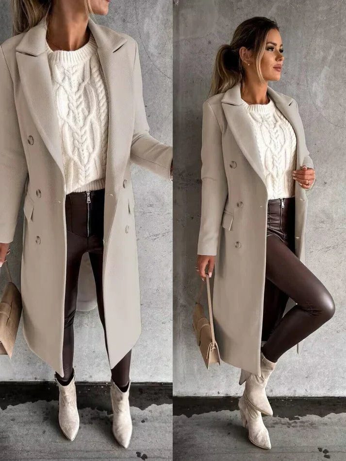 Double-Breasted Longline Coat for Women - White
