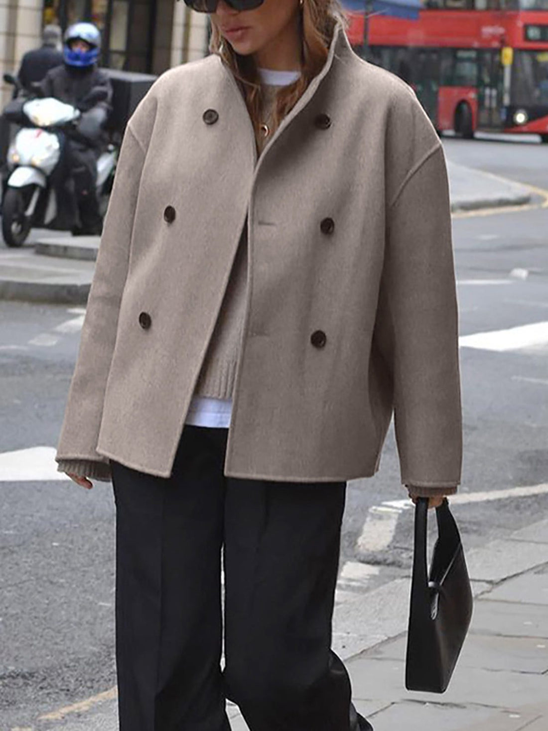 Double-Breasted Wool Coat with Stand Collar for Women
